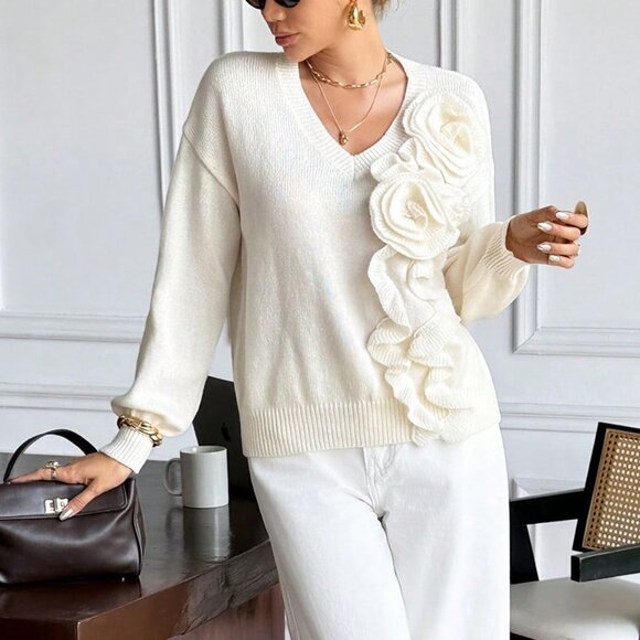 Apricot Casual Women's Elegant 3d Floral Decor Sweater - Picture 1 of 6